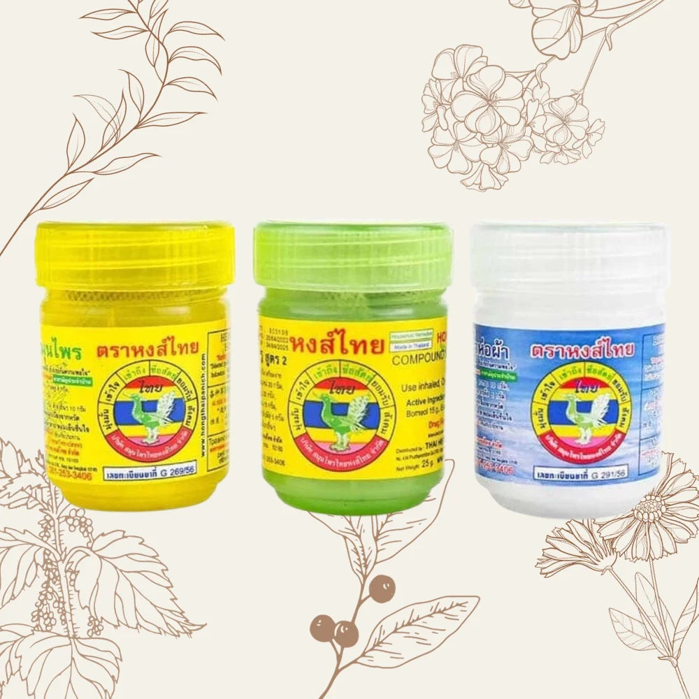 Hong Thai Yadom Herbal Inhaler Trio – 3 x 5g Mixed Scents (Green, Yellow, White)